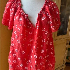 Red Floral Blouse with Ruffled Neckline